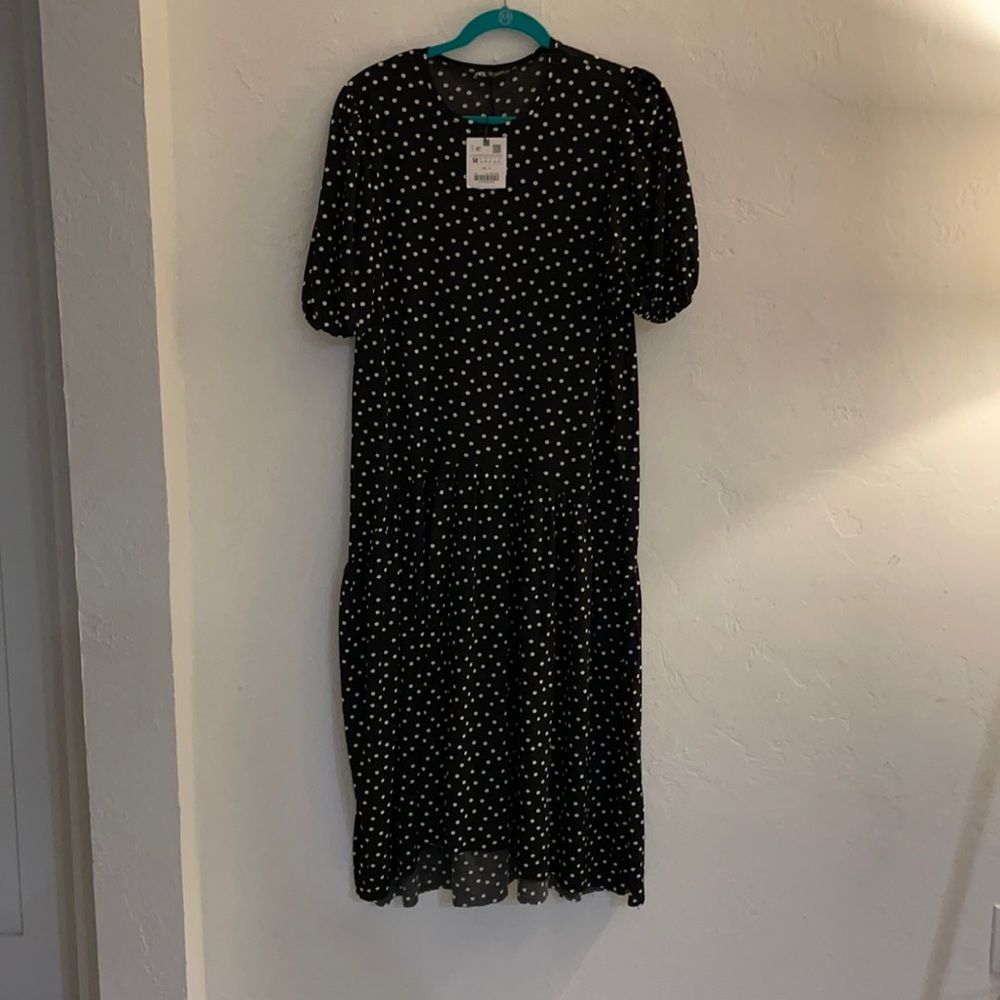 Zara black and white polka dot midi